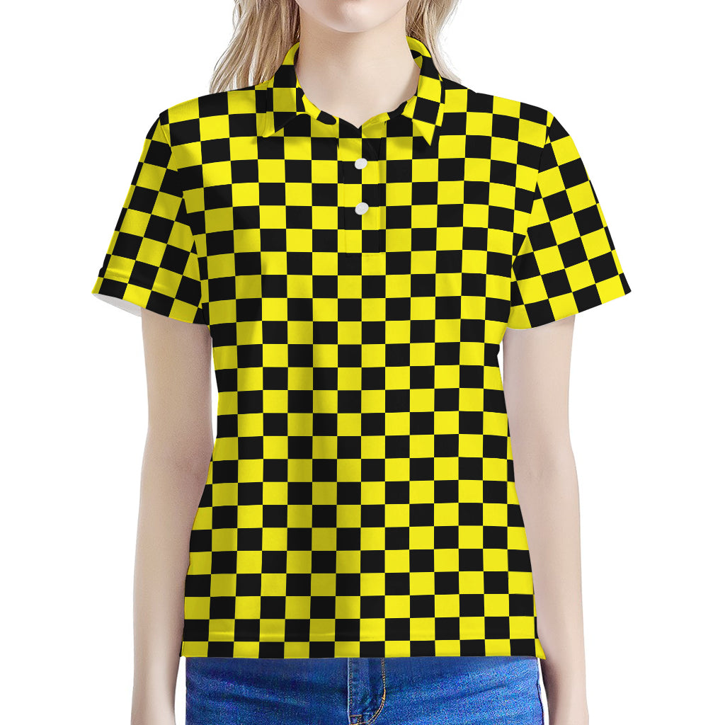 Yellow And Black Checkered Pattern Print Women's Polo Shirt