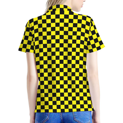 Yellow And Black Checkered Pattern Print Women's Polo Shirt