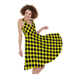 Yellow And Black Checkered Pattern Print Women's Sleeveless Dress