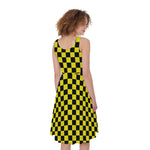 Yellow And Black Checkered Pattern Print Women's Sleeveless Dress