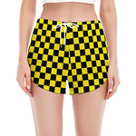 Yellow And Black Checkered Pattern Print Women's Split Running Shorts