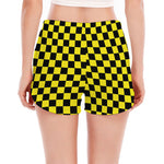 Yellow And Black Checkered Pattern Print Women's Split Running Shorts