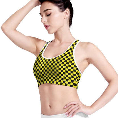 Yellow And Black Checkered Pattern Print Women's Sports Bra