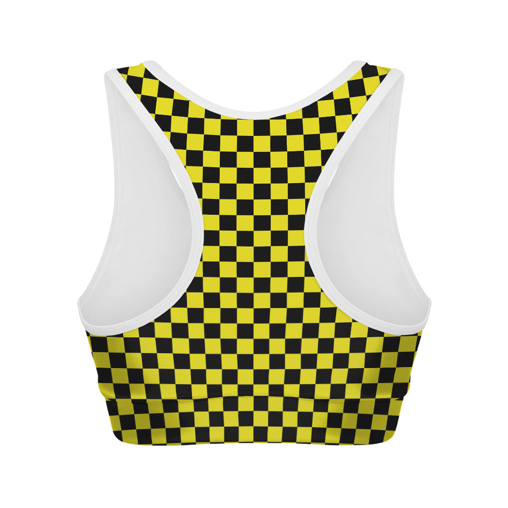 Yellow And Black Checkered Pattern Print Women's Sports Bra