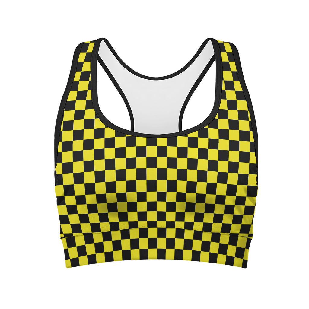 Yellow And Black Checkered Pattern Print Women's Sports Bra
