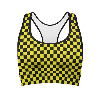 Yellow And Black Checkered Pattern Print Women's Sports Bra