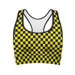 Yellow And Black Checkered Pattern Print Women's Sports Bra