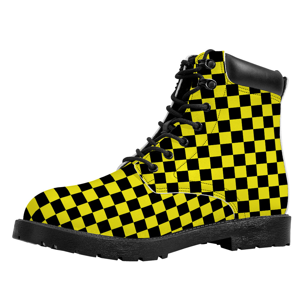 Yellow And Black Checkered Pattern Print Work Boots
