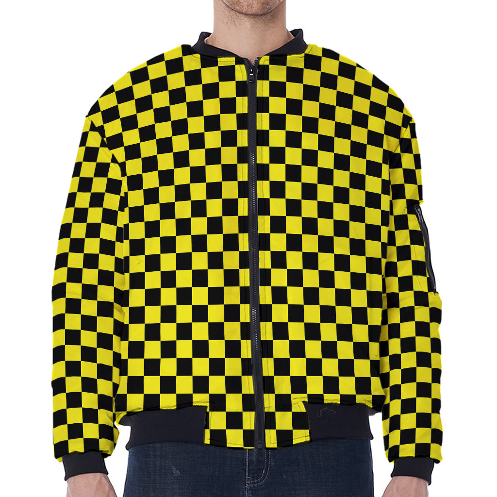 Yellow And Black Checkered Pattern Print Zip Sleeve Bomber Jacket
