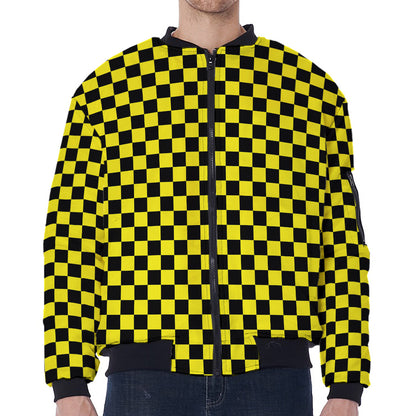 Yellow And Black Checkered Pattern Print Zip Sleeve Bomber Jacket