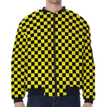 Yellow And Black Checkered Pattern Print Zip Sleeve Bomber Jacket