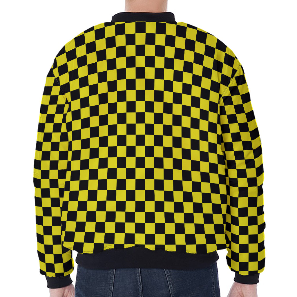 Yellow And Black Checkered Pattern Print Zip Sleeve Bomber Jacket