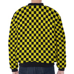 Yellow And Black Checkered Pattern Print Zip Sleeve Bomber Jacket
