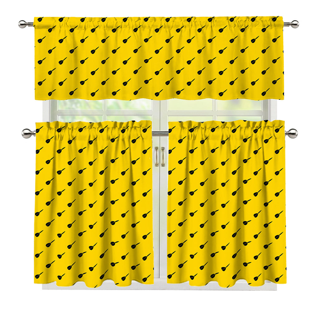 Yellow And Black Dart Pattern Print 3 Piece Kitchen Curtains