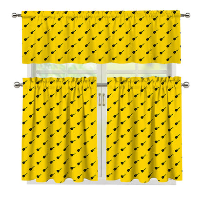 Yellow And Black Dart Pattern Print 3 Piece Kitchen Curtains
