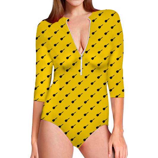 Yellow And Black Dart Pattern Print Long Sleeve Swimsuit