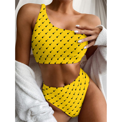Yellow And Black Dart Pattern Print One Shoulder Bikini Top