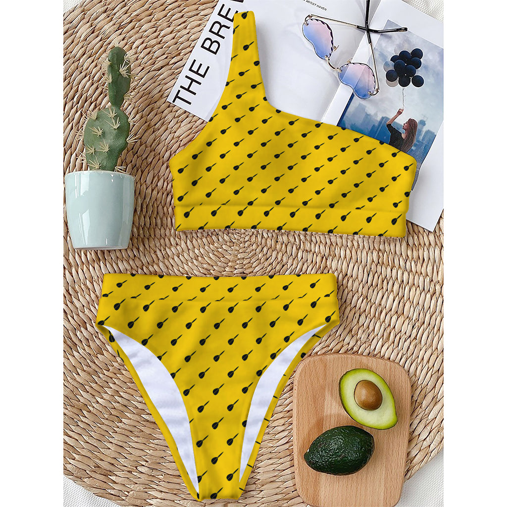 Yellow And Black Dart Pattern Print One Shoulder Bikini Top