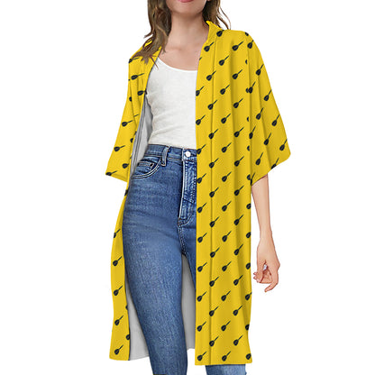 Yellow And Black Dart Pattern Print Open Front Beach Cover Up