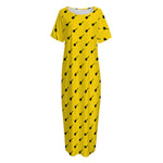 Yellow And Black Dart Pattern Print Short Sleeve Long Nightdress