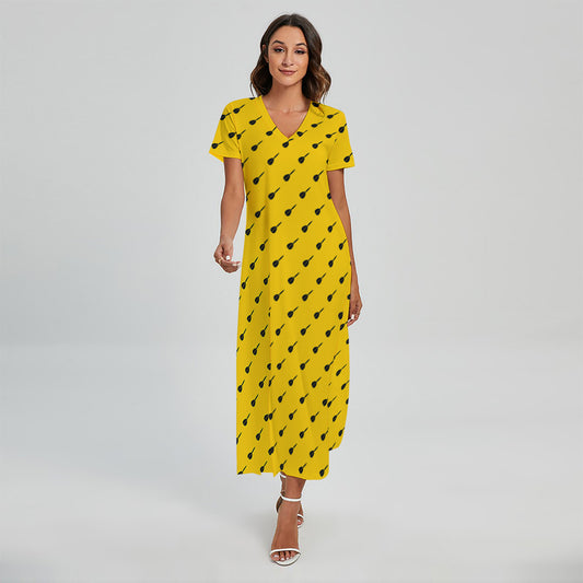 Yellow And Black Dart Pattern Print Short Sleeve Maxi Dress