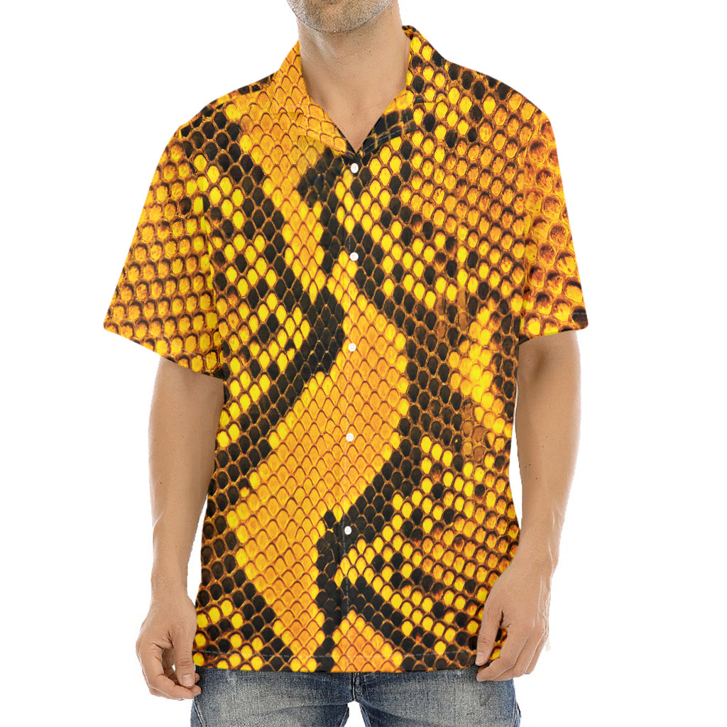 Yellow And Black Snakeskin Print Aloha Shirt