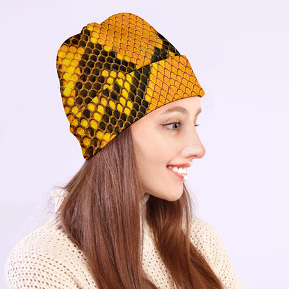 Yellow And Black Snakeskin Print Beanie