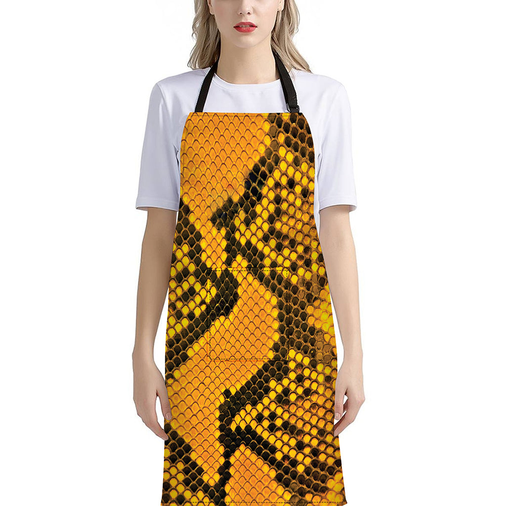 Yellow And Black Snakeskin Print Bib Apron With Pocket