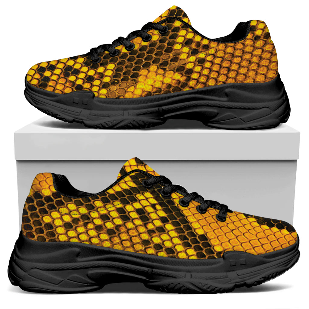 Yellow And Black Snakeskin Print Black Chunky Shoes