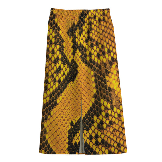 Yellow And Black Snakeskin Print Cotton Front Slit Maxi Skirt
