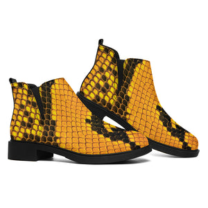 Yellow And Black Snakeskin Print Flat Ankle Boots