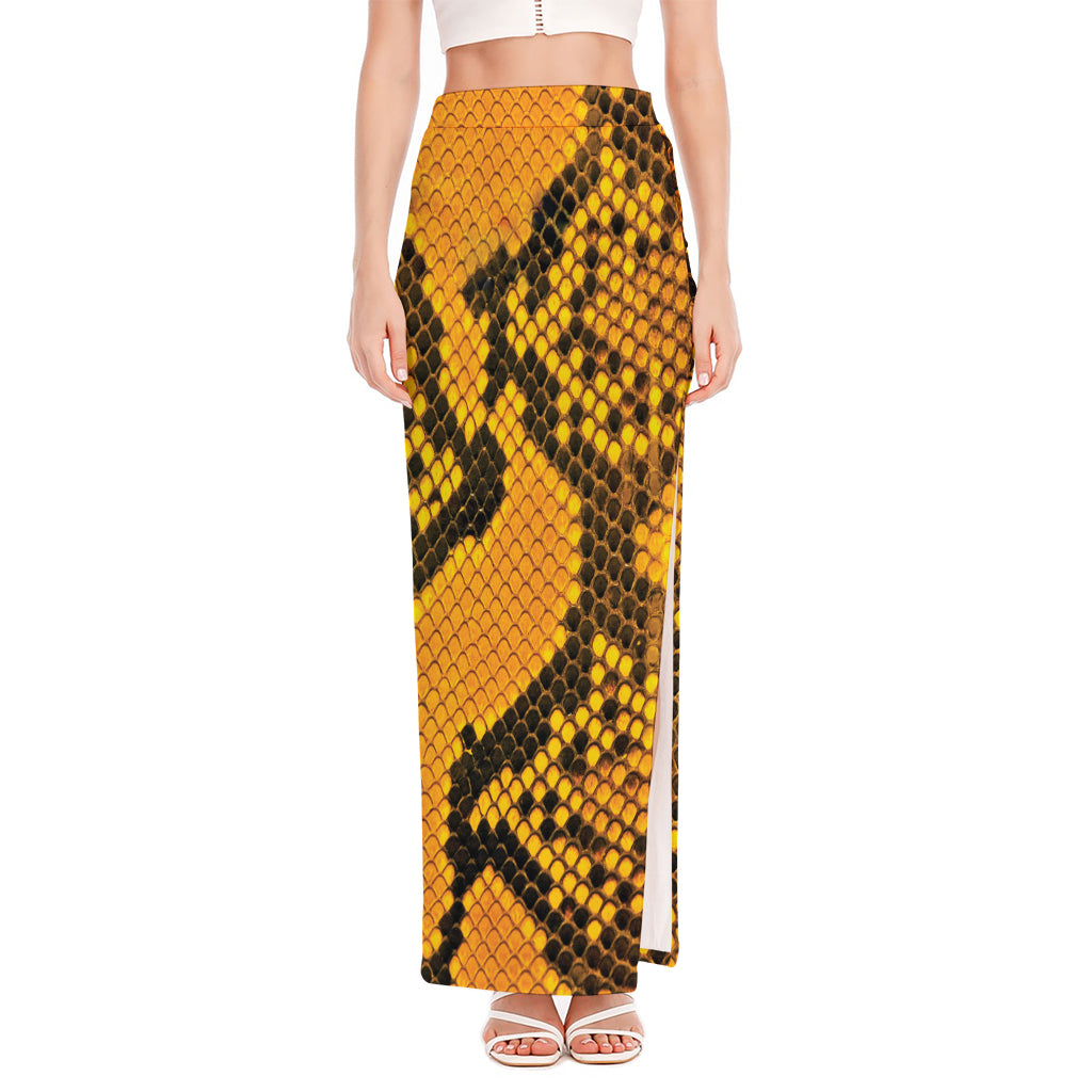 Yellow And Black Snakeskin Print High Slit Maxi Skirt