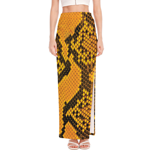 Yellow And Black Snakeskin Print High Slit Maxi Skirt