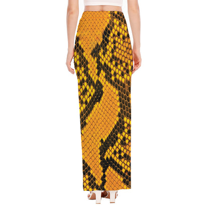 Yellow And Black Snakeskin Print High Slit Maxi Skirt
