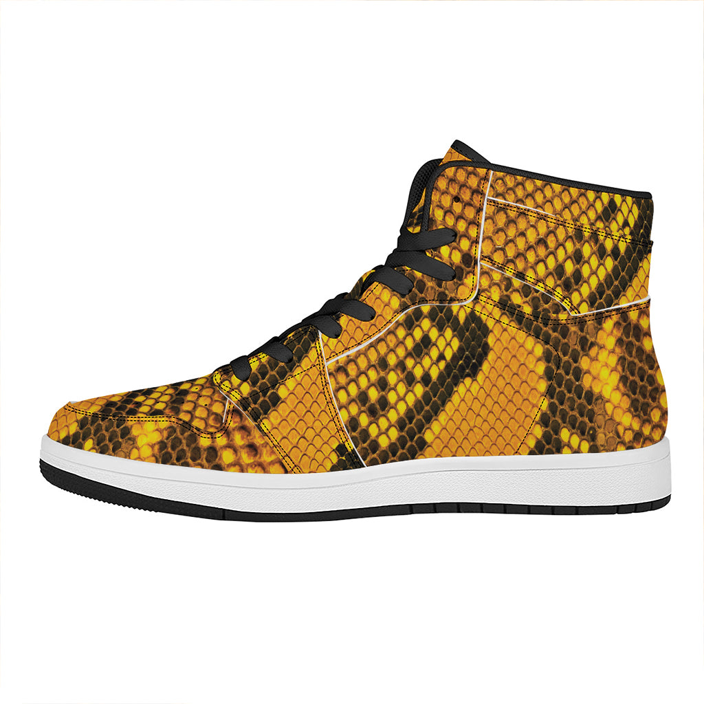 Yellow And Black Snakeskin Print High Top Leather Sneakers