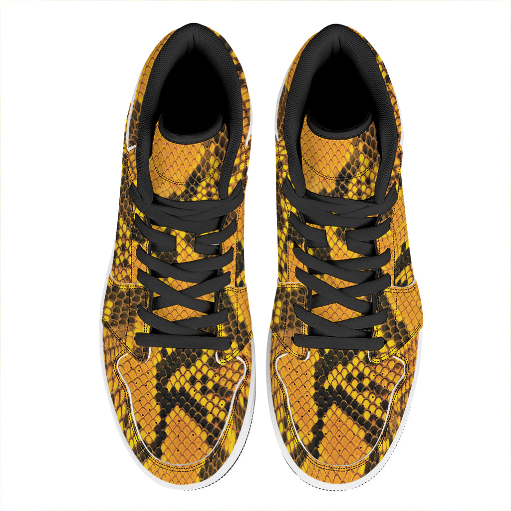 Yellow And Black Snakeskin Print High Top Leather Sneakers