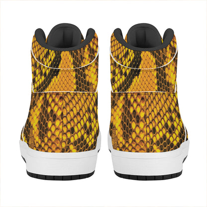 Yellow And Black Snakeskin Print High Top Leather Sneakers