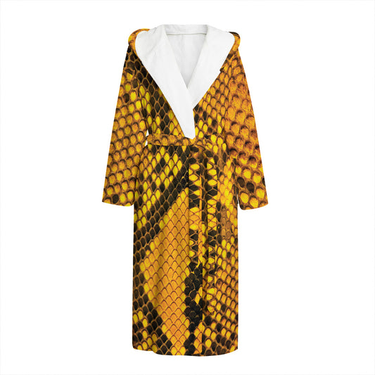 Yellow And Black Snakeskin Print Hooded Bathrobe