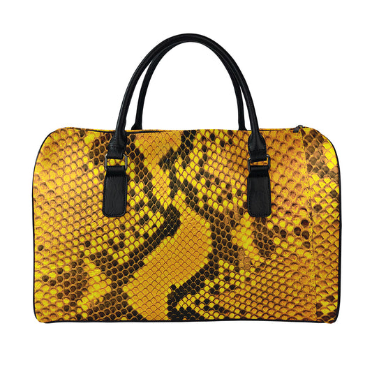 Yellow And Black Snakeskin Print Leather Duffle Bag