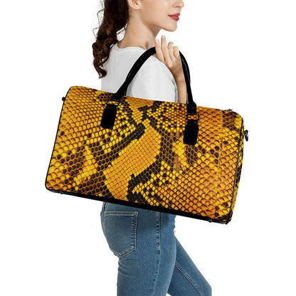 Yellow And Black Snakeskin Print Leather Duffle Bag