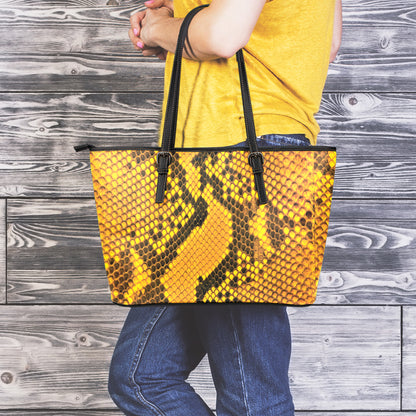 Yellow And Black Snakeskin Print Leather Tote Bag