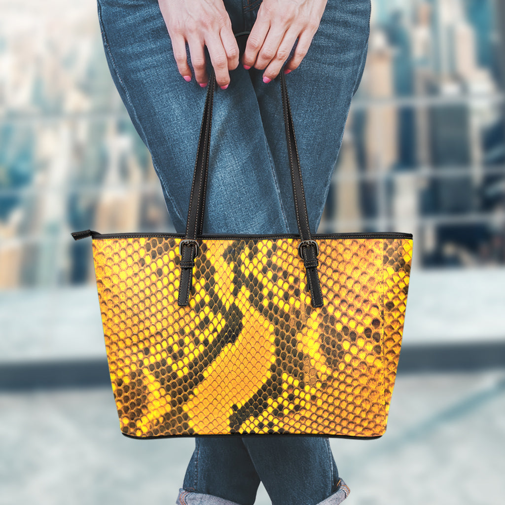 Yellow And Black Snakeskin Print Leather Tote Bag