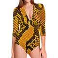 Yellow And Black Snakeskin Print Long Sleeve Swimsuit