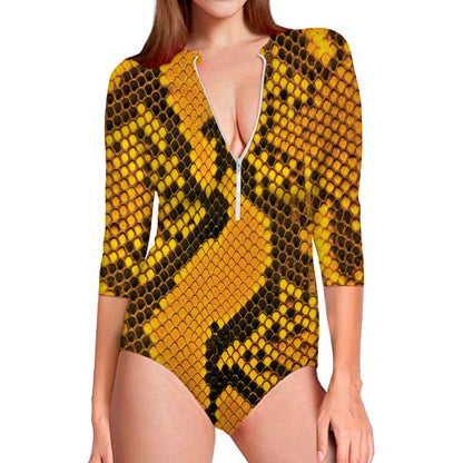 Yellow And Black Snakeskin Print Long Sleeve Swimsuit