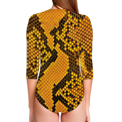 Yellow And Black Snakeskin Print Long Sleeve Swimsuit