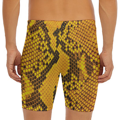 Yellow And Black Snakeskin Print Men's Long Boxer Briefs