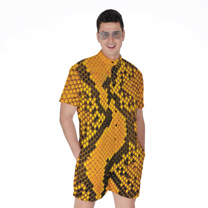Yellow And Black Snakeskin Print Men's Rompers