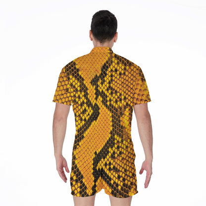 Yellow And Black Snakeskin Print Men's Rompers