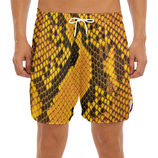 Yellow And Black Snakeskin Print Men's Split Running Shorts