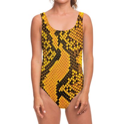 Yellow And Black Snakeskin Print One Piece Swimsuit
